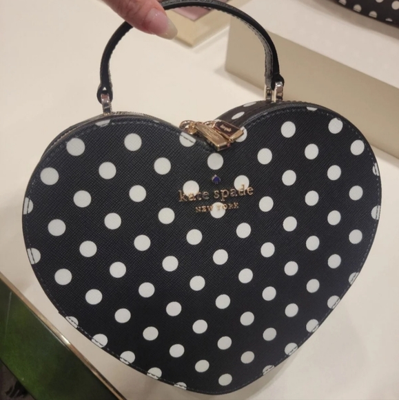 Authentic Kate Spade Heart LOVE SHACK POLKA dot crossbody BLACK WHITE NEW - Picture 3 of 12